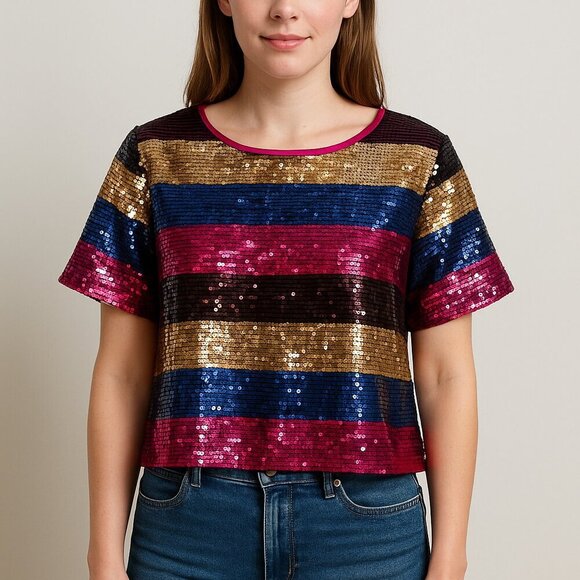 Tracee Ellis Ross Blouse Womens Multicolor Sequin Cropped Round Neck New Size XL - Picture 1 of 5